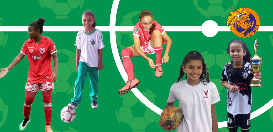 Montagem mostra cinco meninas jogadoras de futebol. Arte: Suzana Obara