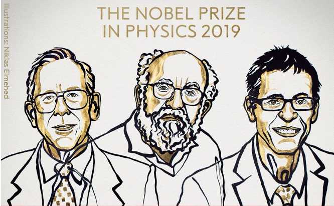 Da esquerda para a direita, os físicos James Pebbles, Michel Mayor e Didier Queloz. Foto: Twitter/ Reprodução.
